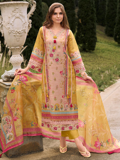 INDO ERA Women's Straight Linen Floral Printed Kurta & Pant with Dupatta Set | Kurta Sets For Woman
