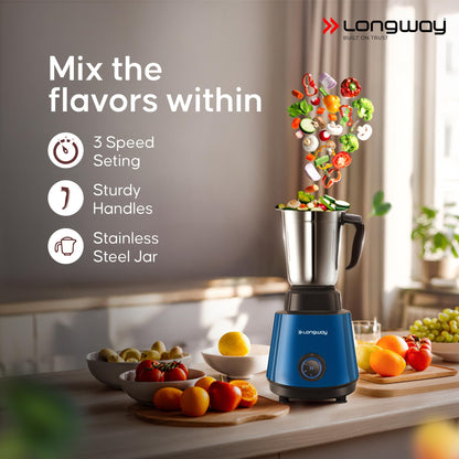 Longway Super Pro Juicer Mixer Grinder | Up to 750W Max Output Powerful Motor | 4 Jars for Grinding, Mixing, Juicing | 2 Years Warranty (Blue & Black)