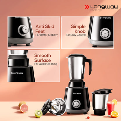 Longway Super Pro Juicer Mixer Grinder | Up to 750W Max Output Powerful Motor | 4 Jars for Grinding, Mixing, Juicing | 2 Years Warranty (Blue & Black)