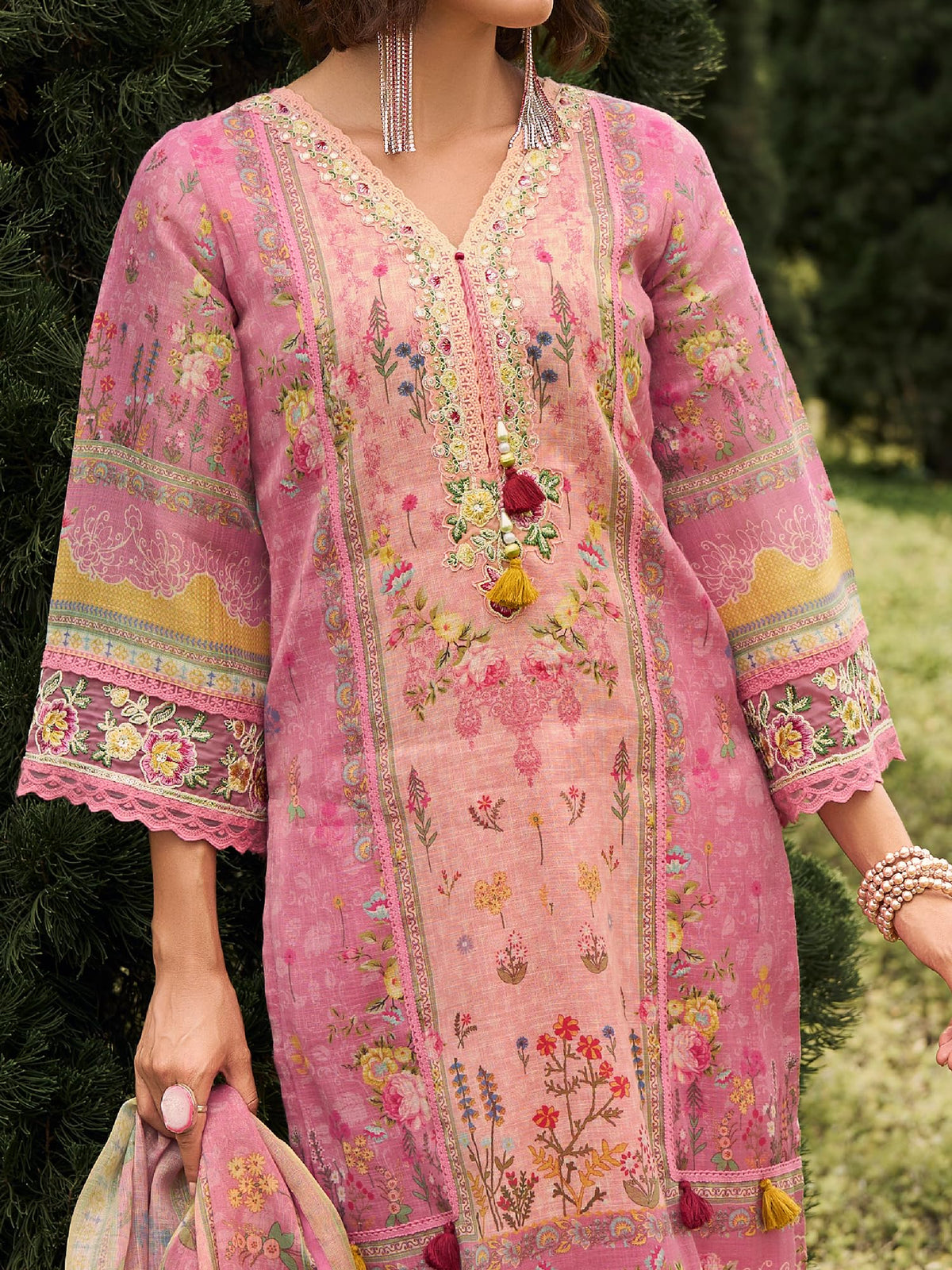 INDO ERA Women's Straight Linen Floral Printed Kurta & Pant with Dupatta Set | Kurta Sets For Woman