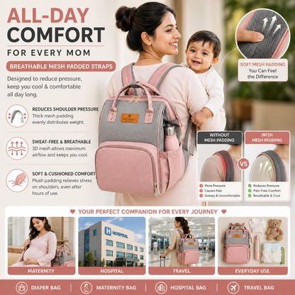 Motherly Patented Diaper Bag For Mothers For Travel, Crown Series, Pink | Backpack for Mothers | Waterproof Baby Travel & Maternity Bag | Multiple Compartments, Insulated Bottle Pockets, Warranty