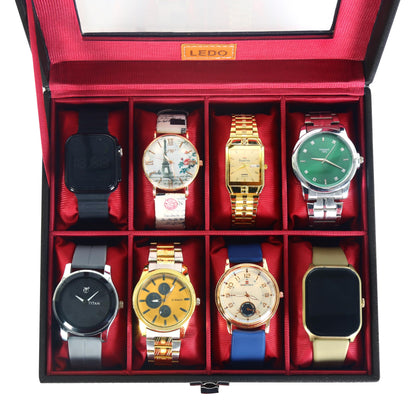 LEDO Men's and Women's Watch Box Holder Organizer Case In 12 Slots of watches In PU Leather with Black & Gray