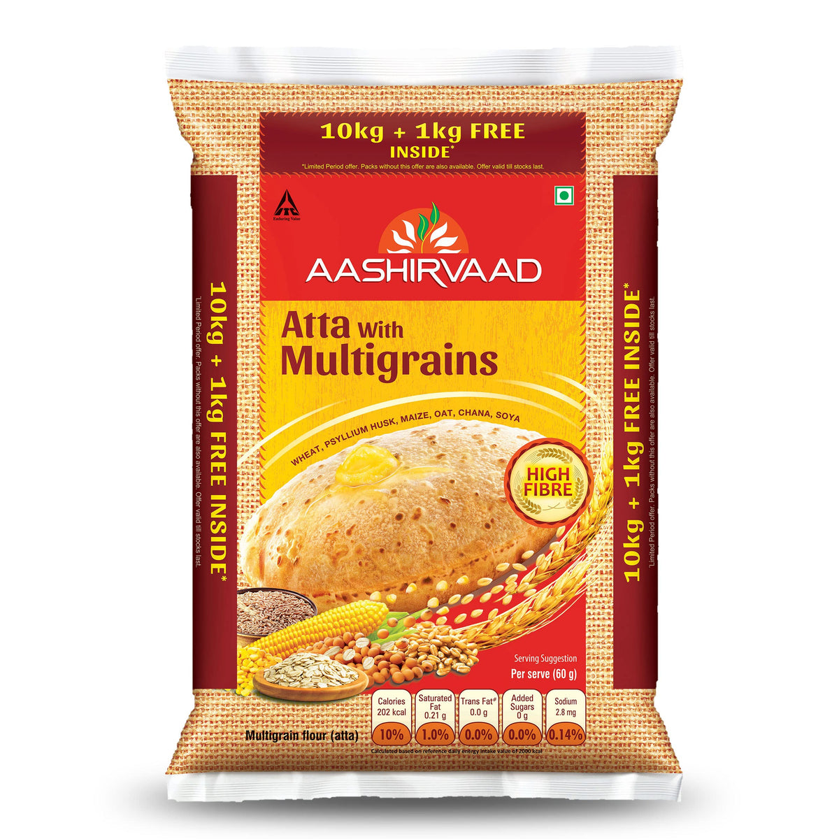 Aashirvaad Atta with Multigrains, 1kg pack | High Fibre & High Protein Multigrain Atta | 6 Natural Grains