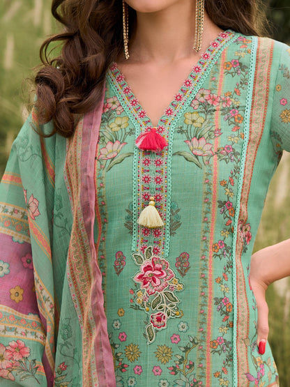 INDO ERA Women's Straight Linen Floral Printed Kurta & Pant with Dupatta Set | Kurta Sets For Woman
