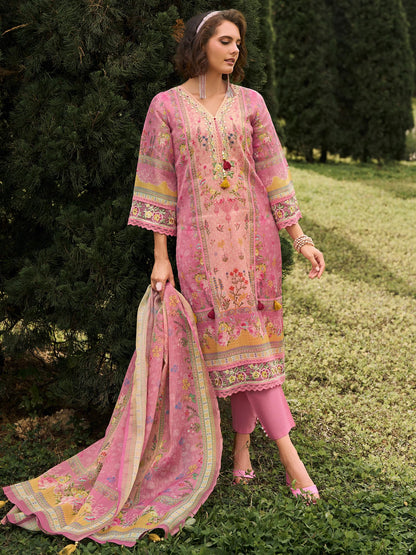 INDO ERA Women's Straight Linen Floral Printed Kurta & Pant with Dupatta Set | Kurta Sets For Woman