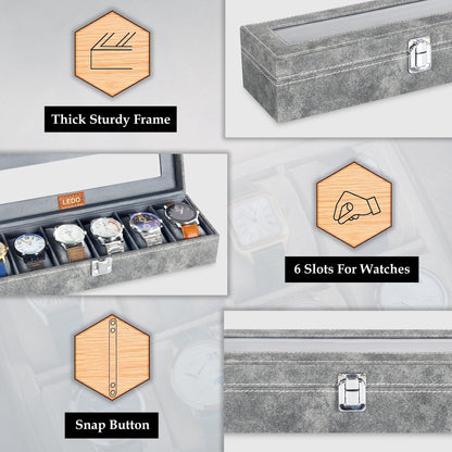 LEDO Men's and Women's Watch Box Holder Organizer Case In 12 Slots of watches In PU Leather with Black & Gray