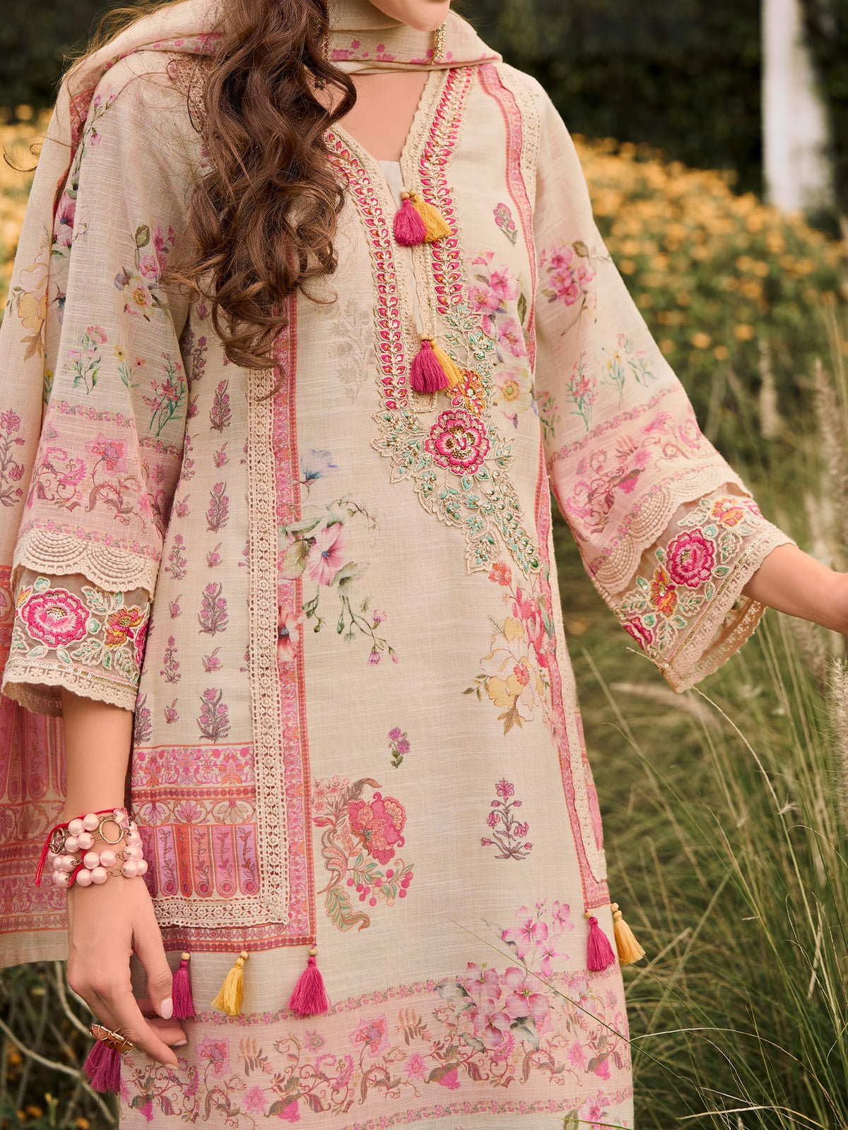 INDO ERA Women's Straight Linen Floral Printed Kurta & Pant with Dupatta Set | Kurta Sets For Woman
