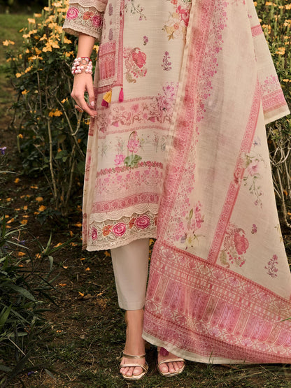 INDO ERA Women's Straight Linen Floral Printed Kurta & Pant with Dupatta Set | Kurta Sets For Woman