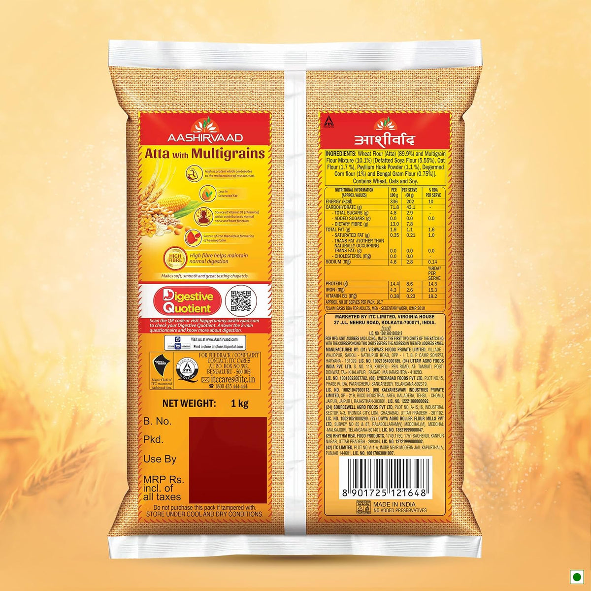 Aashirvaad Atta with Multigrains, 1kg pack | High Fibre & High Protein Multigrain Atta | 6 Natural Grains