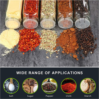 KITOME Empty Glass Spice Jars, 120ml Square Airtight Seasoning Bottles Set of 12 with Shaker Lids, Metal Caps, 24 Labels, Chalk Marker, Silicone Funnel & Brush – BPA Free Masala Dabba, Kitchen Storage